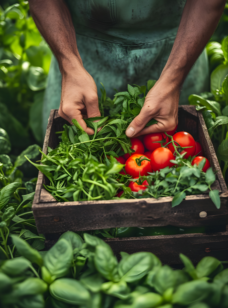 Agricultor en el Huertoplay recogiendo tomates