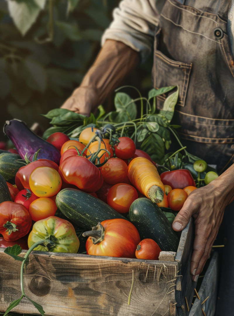 Agricultor en el Huertoplay recogiendo con caja verduras